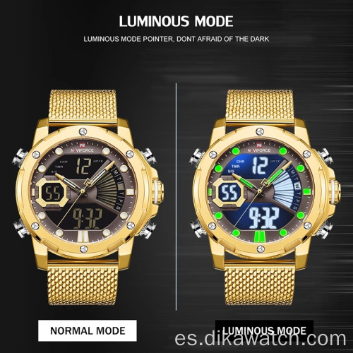 NAVIFORCE 9172 relojes deportivos impermeables para hombres, relojes de pulsera digitales militares con correa de acero de cuarzo dorado, reloj Masculino